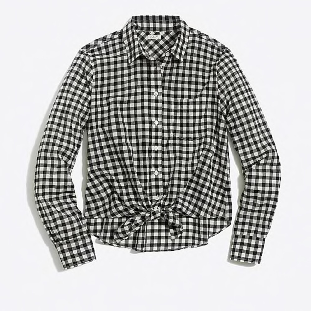 J Crew Factory Gingham Tie Waist Button Down